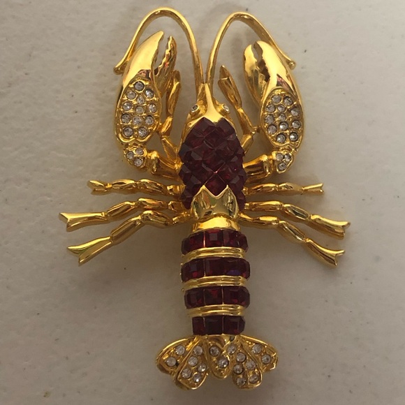 Nolan Miller Red Ruby Lobster Brooch Pin Crystal Rhinestones - Picture 4 of 9